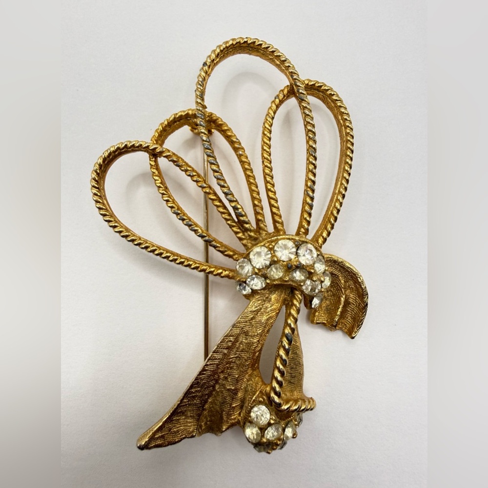 Vintage Gold Tone Rhinestone Bow Brooch Pin Large Statement Textured Ribbon